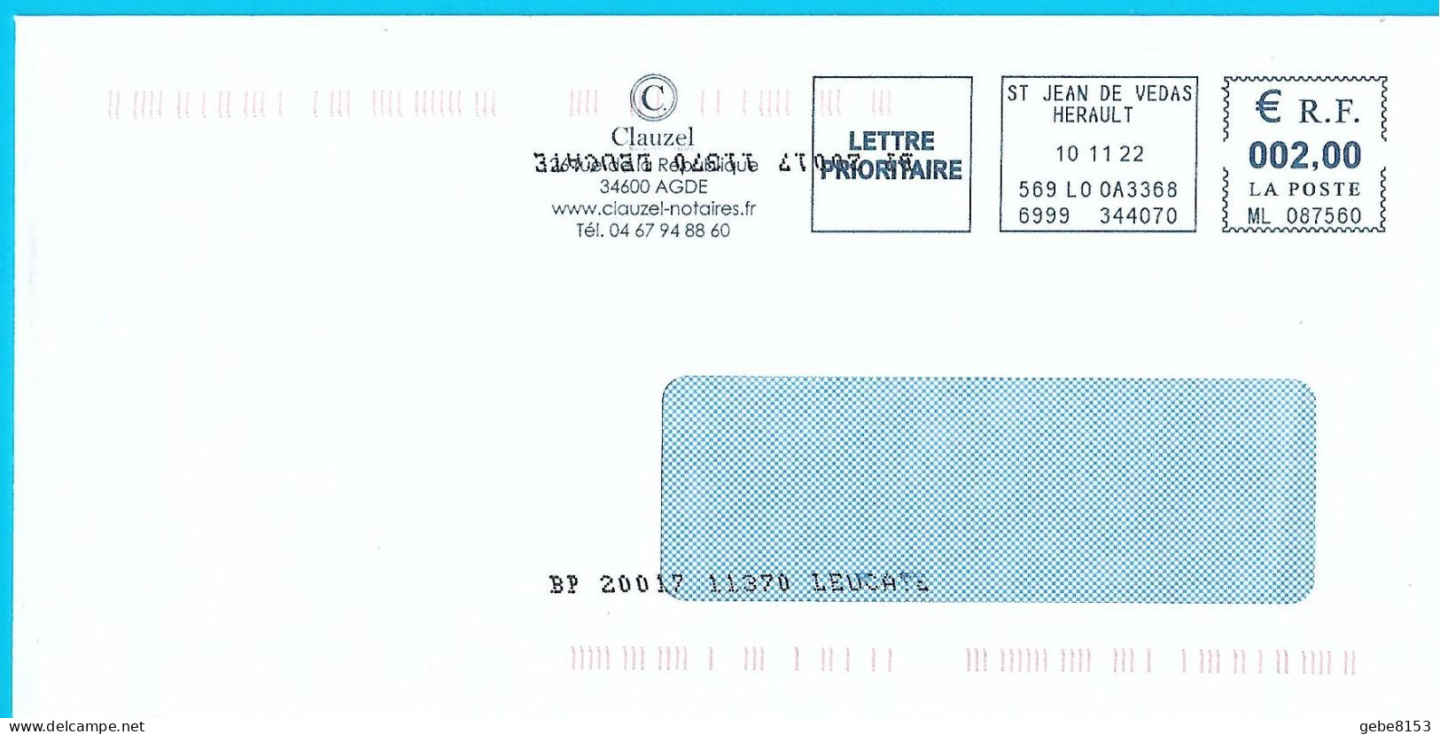 Marque De Tri Apposée En Bas De L'enveloppe (normal) Et En Haut Tête En Bas EMA ML 087560 Hérault St Jean De Védas - Briefe U. Dokumente