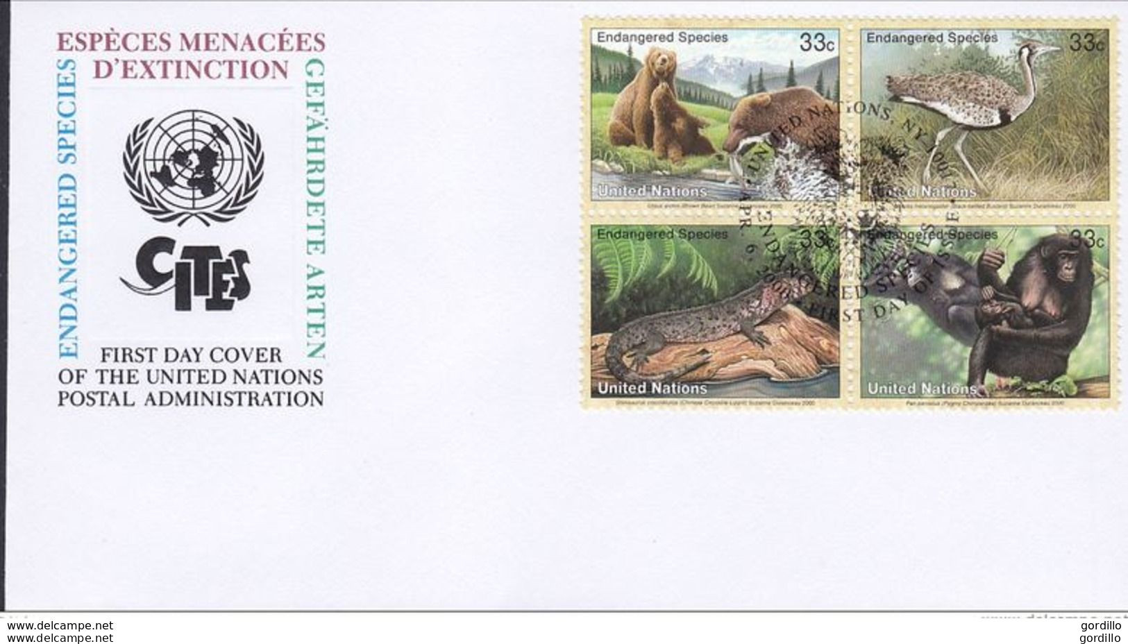 United Nations New York 831-834, ViererBlock, FDC, Gefährdete Arten 2000 - Blocs-feuillets