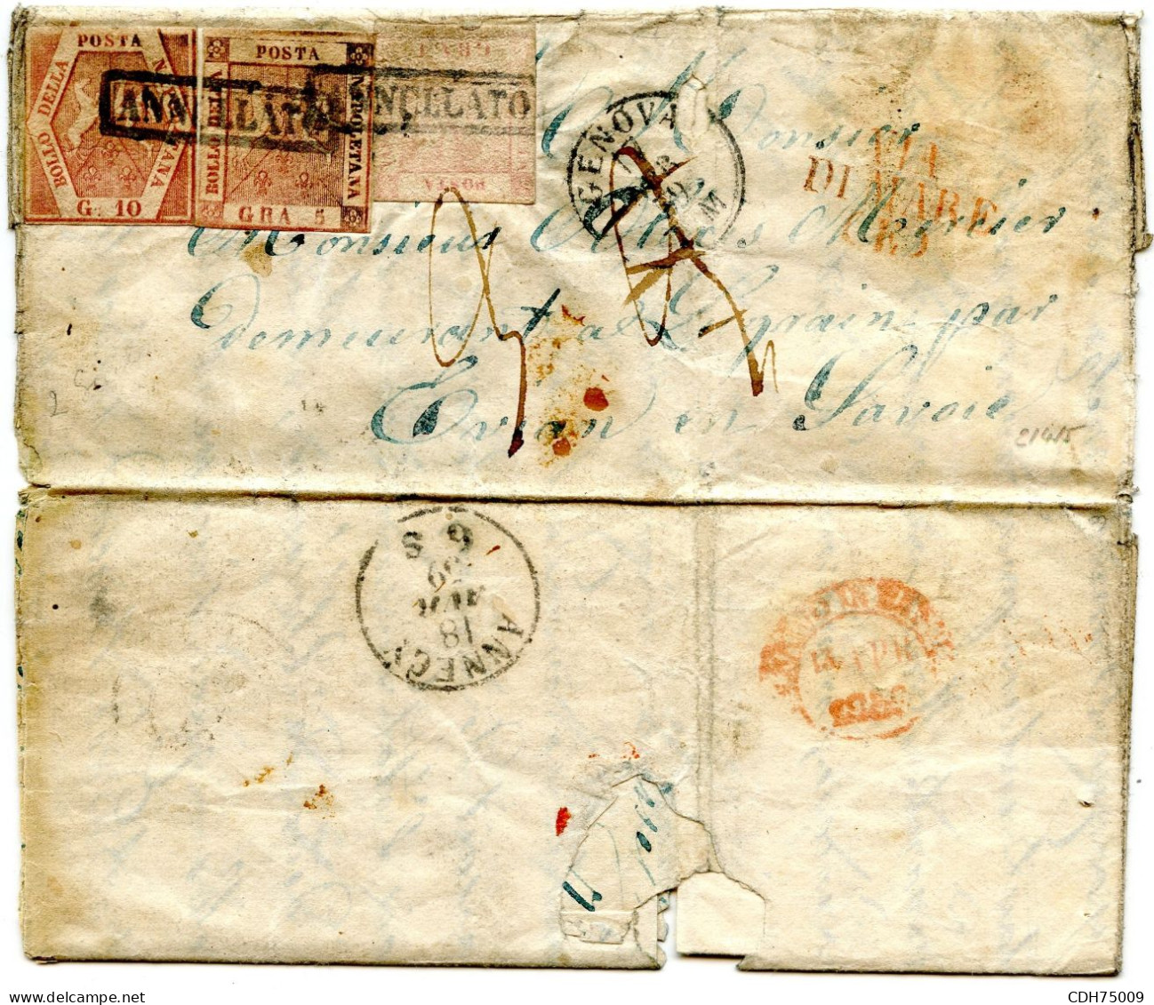 ITALIE - YVERT 2 / 4 / 5 SUR LETTRE DE CIRAMO POUR EVIAN (SARDAIGNE) PAR GENES B/TB, 1859 - Napoli