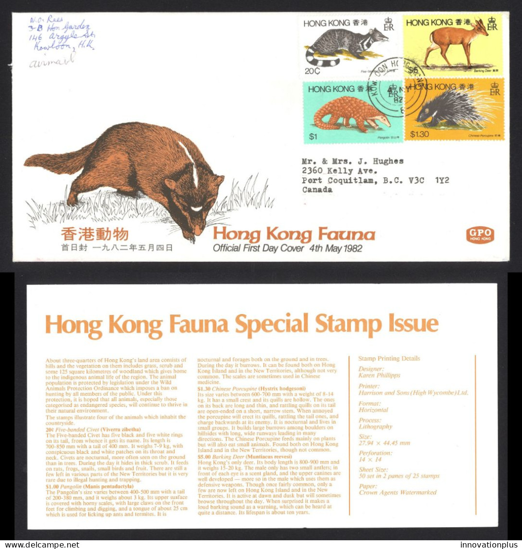 Hong Kong Sc# 384-387 FDC (Air Mail) 1982 Animals - FDC