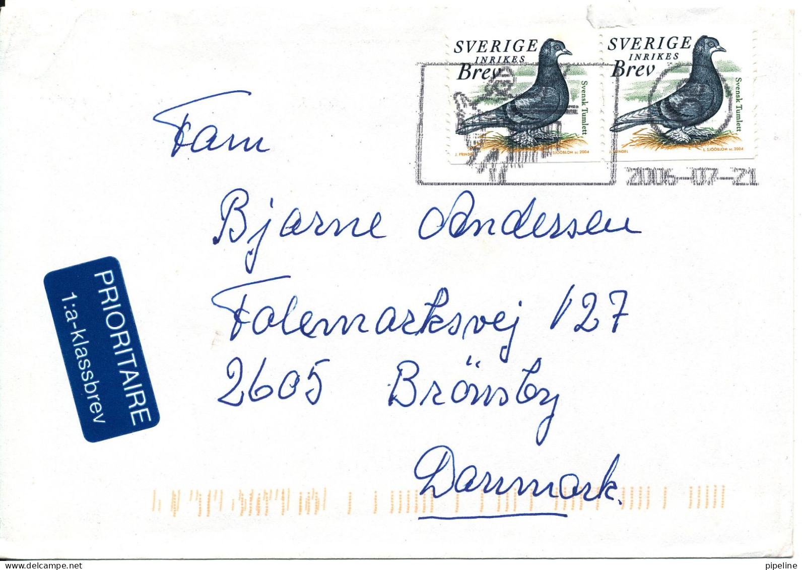 Sweden Cover Sent To Denmark 21-7-2006 Topic Stamps Pigeon The Cover Is Damaged At The Top On The Backside By Opening - Brieven En Documenten