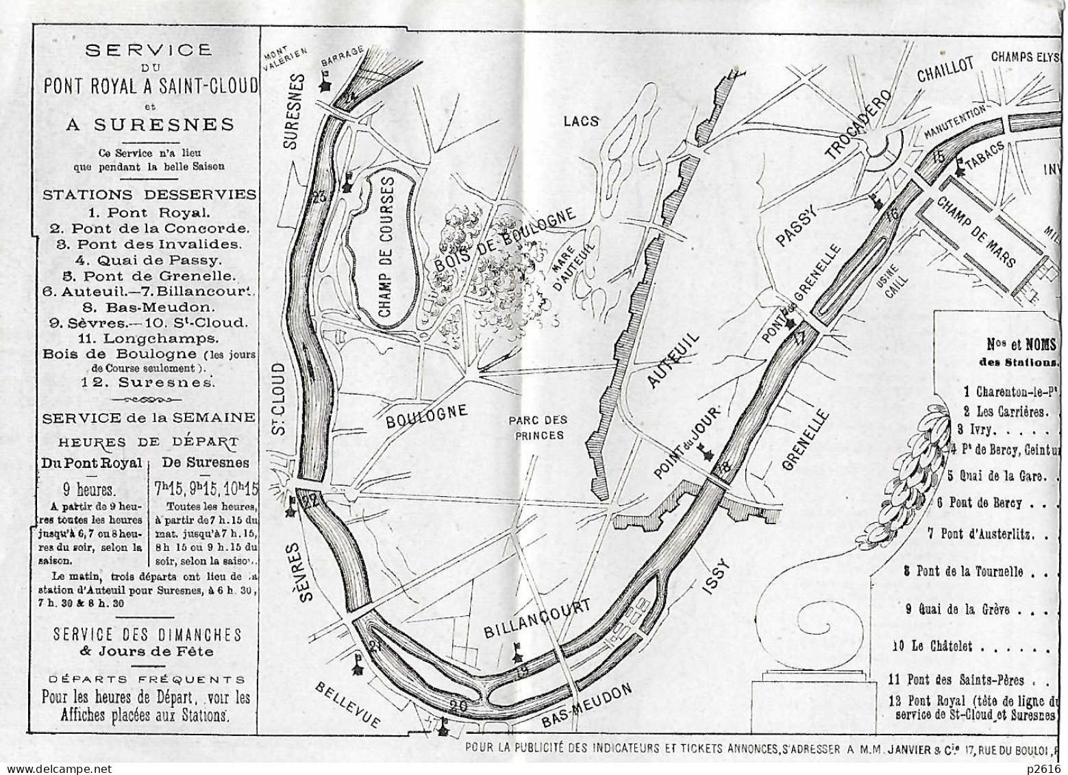 INDICATEUR DES SERVICES DE PARIS - BATEAUX A VAPEUR  - SERVICE DU PONT ROYAL A SAINT- CLOUD - VOIR LE VERSO - Europe