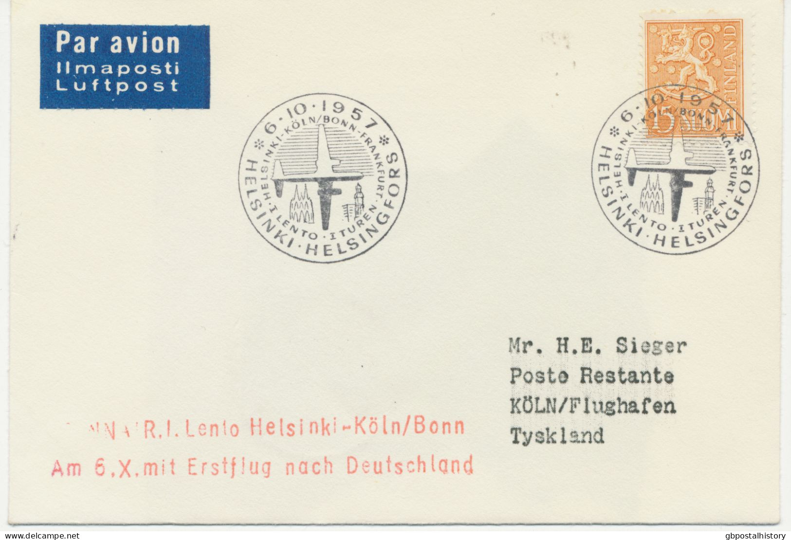 FINNLAND 6.10.1957 Seltene Kab.-Erstflug Finnair „HELSINKI – KÖLN“ (Hab.2568) - Cartas & Documentos