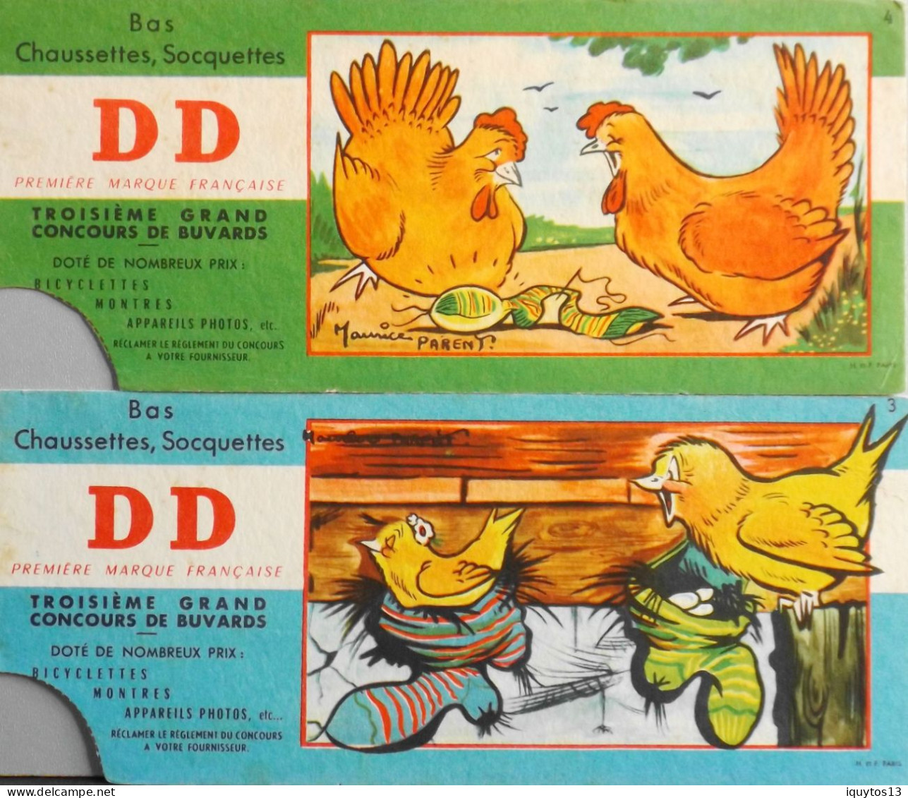 2 BUVARDS - Chausettes Bas Soquettes D.D - Poules Et Oiseaux -  Illustration Maurice Parent N° 3 Et 4 - BE - Animals