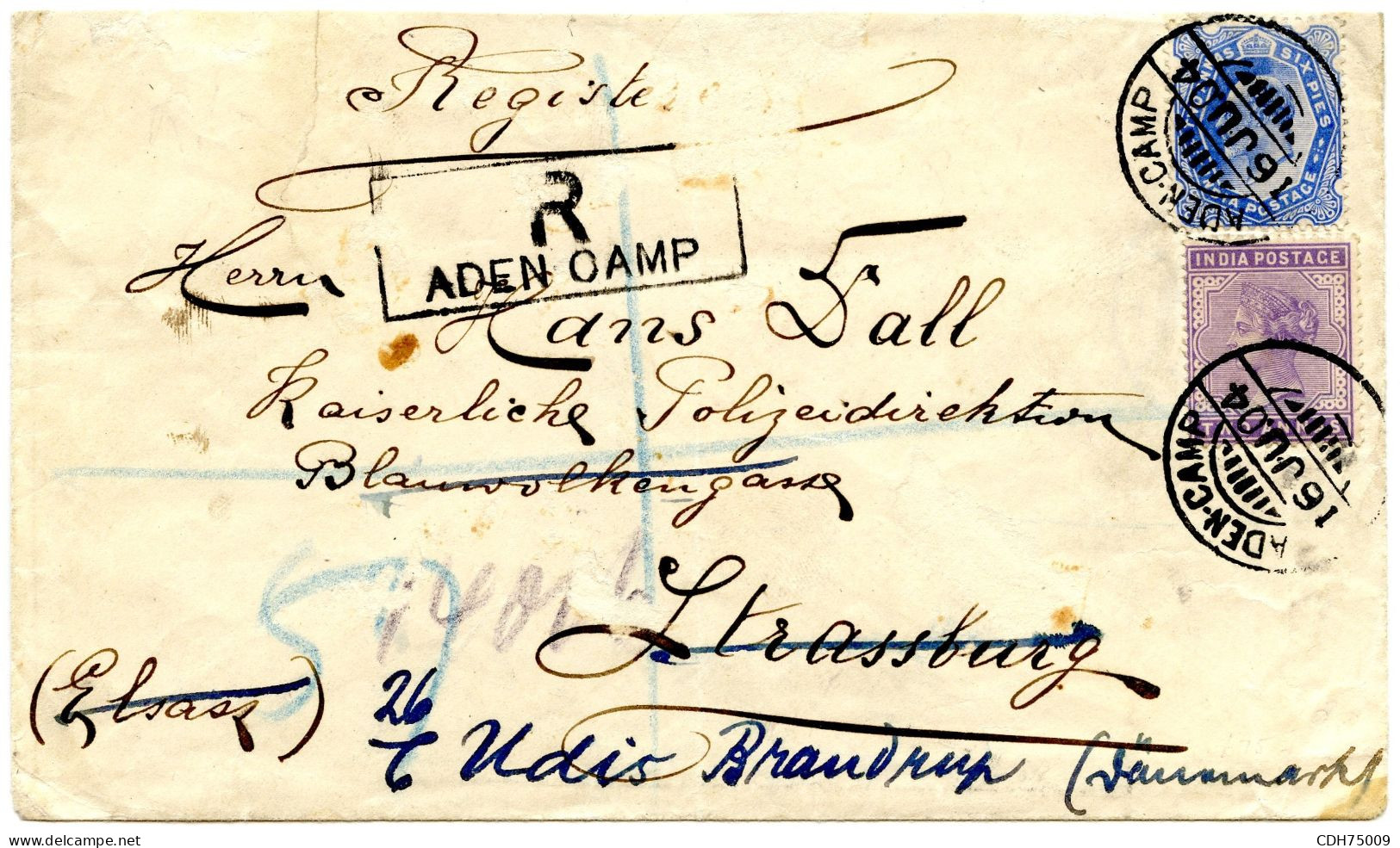 ADEN - INDE 55 VICTORIA + 61 EDOUARD VII SUR LETTRE RECOMMANDEE D'ADEN CAMP POUR L'ALLEMAGNE, 1904 - Aden (1854-1963)