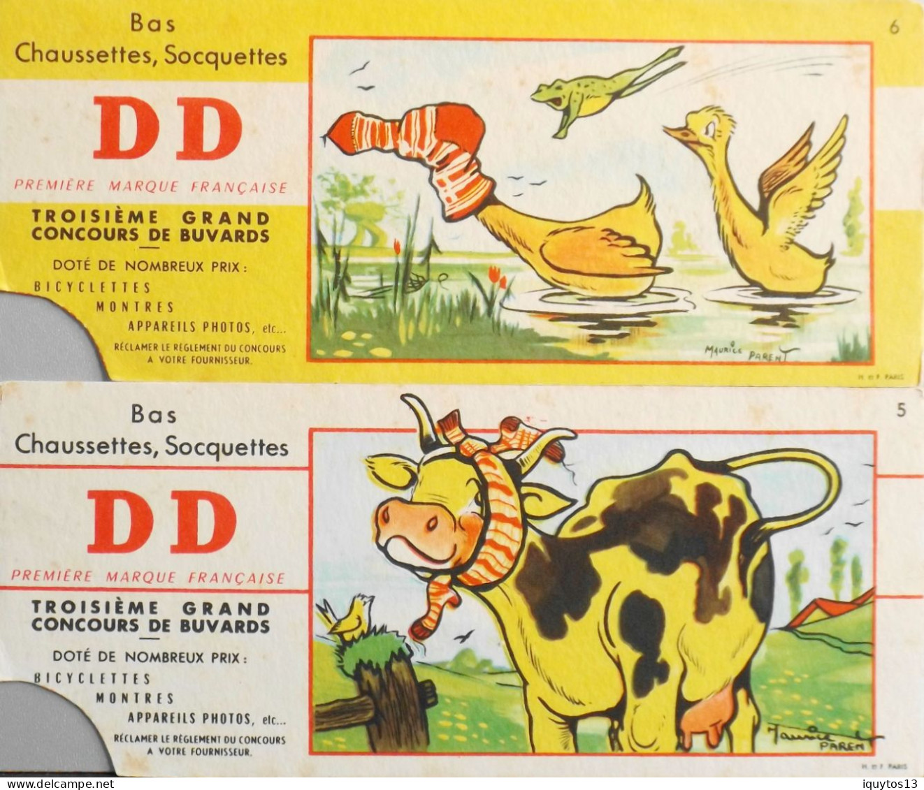 2 BUVARDS - Chausettes Bas Soquettes D.D - Vache , Canard Et Grenouille - Illustration Maurice Parent N° 5 Et 6 - BE - Animals