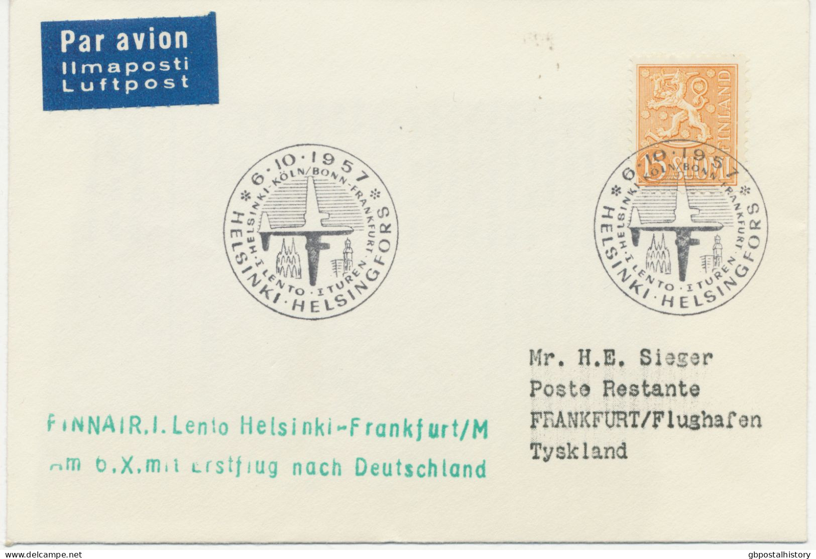 FINNLAND 6.10.1957 Seltene Kab.-Erstflug Finnair „HELSINKI – FRANKFURT“ (Hab.2569) - Storia Postale