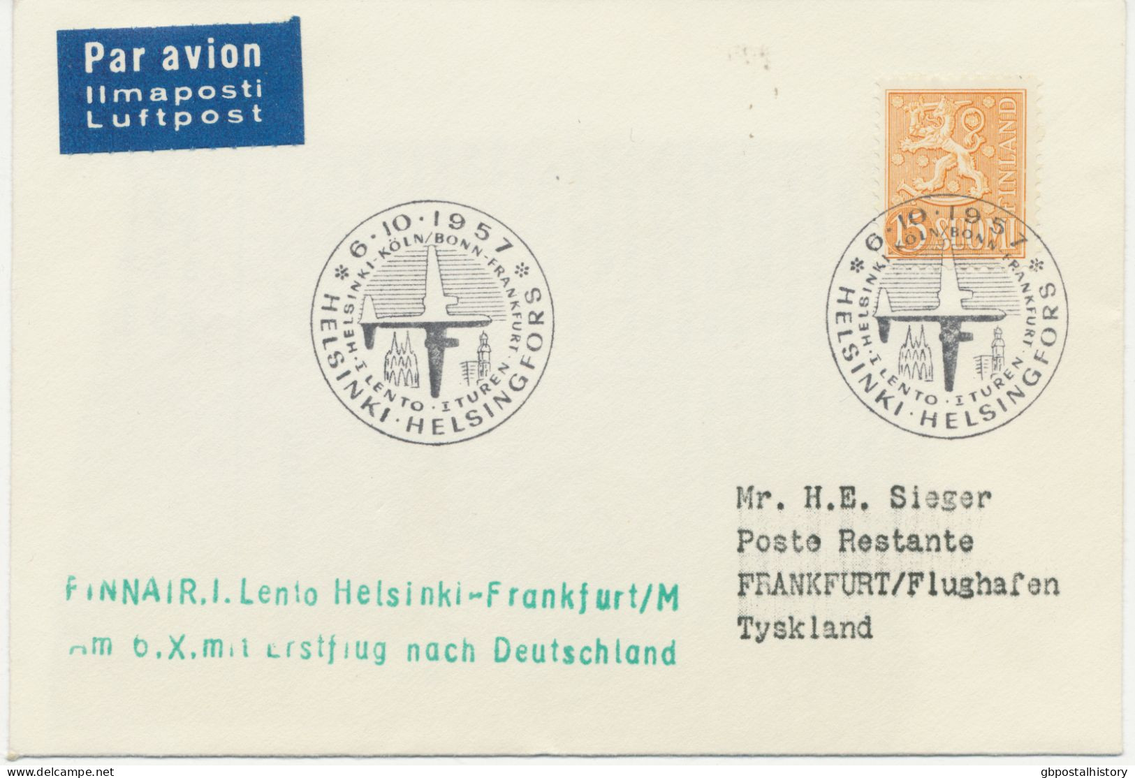 FINNLAND 6.10.1957 Seltene Kab.-Erstflug Finnair „HELSINKI – FRANKFURT“ (Hab.2569) - Covers & Documents