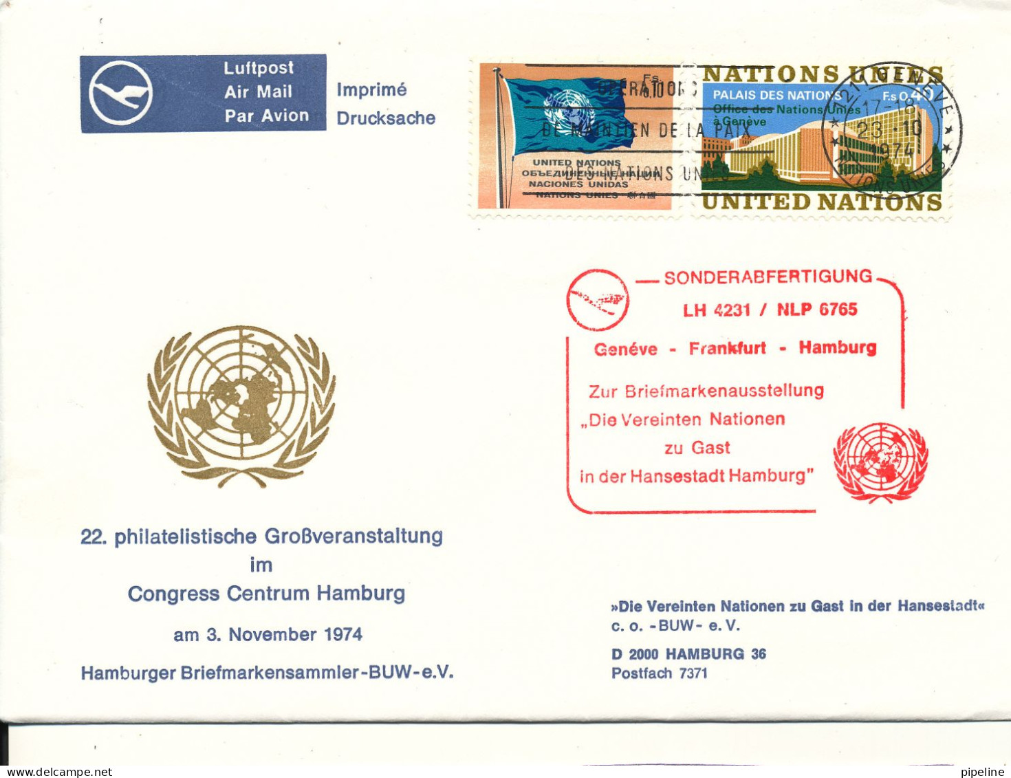 UN Geneve Flight Cover Lufthansa LH 4231 / NLP 6765 Geneve- Frankfurt - Hamburg 23-10-1974 - Covers & Documents