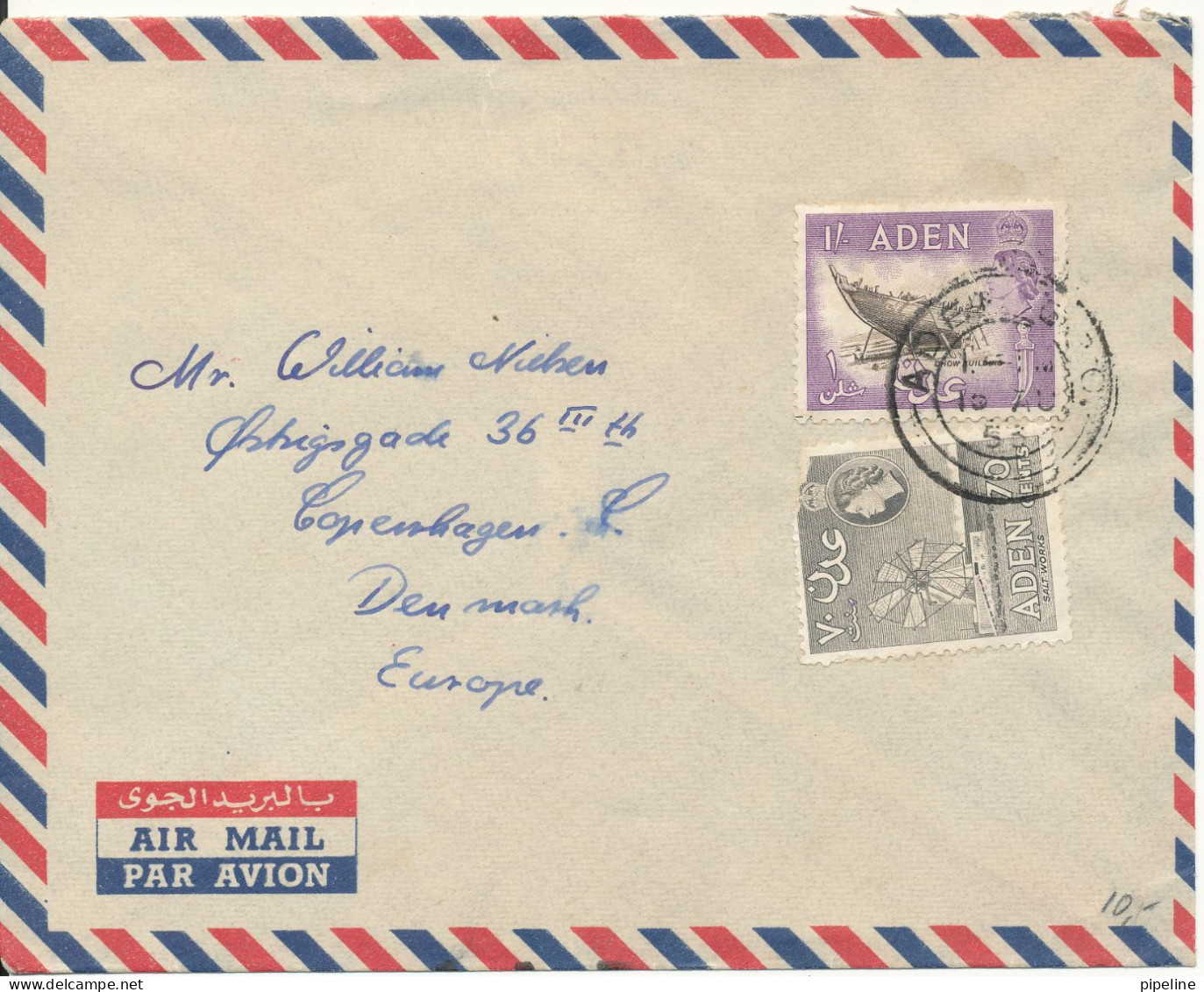 Aden Air Mail Cover Sent To Denmark 16-8-1953 One Of The Stamps Is Damaged - Aden (1854-1963)