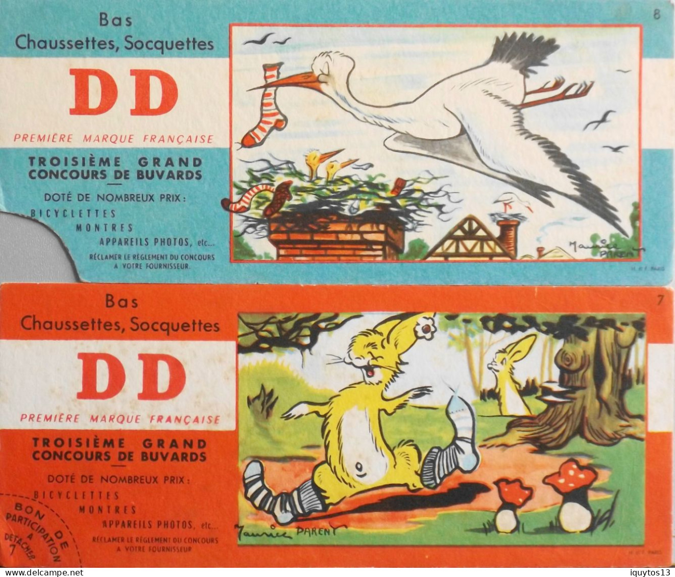 2 BUVARDS - Chaussettes Bas Soquettes D.D - Lapins Et Cigogne - Illustration Maurice Parent N° 7 Et 8 - BE - Animales