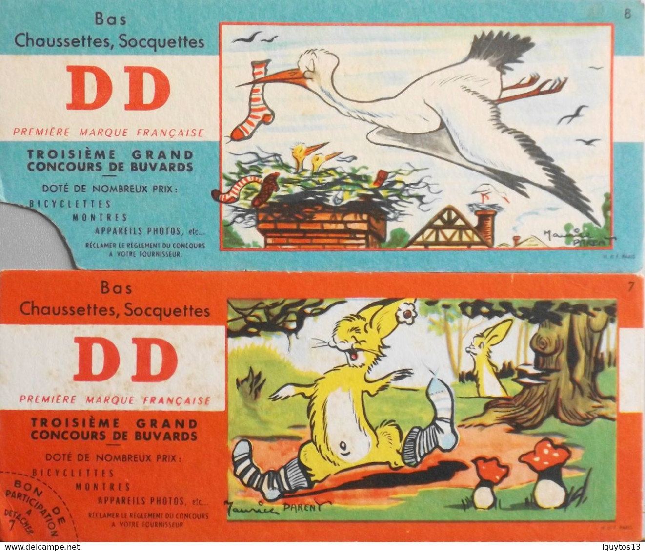 2 BUVARDS - Chaussettes Bas Soquettes D.D - Lapins Et Cigogne - Illustration Maurice Parent N° 7 Et 8 - BE - Animali