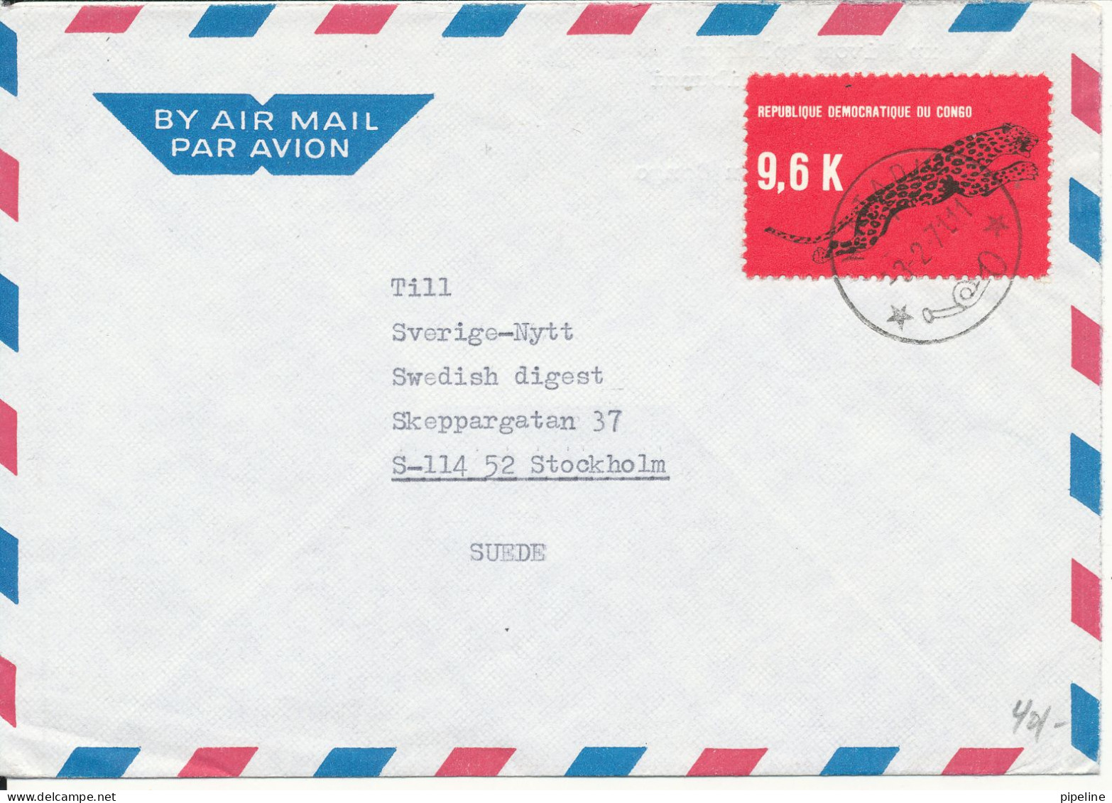 Congo Republic Democratic Congo Air Mail Cover Sent To Sweden 3-2-1971 Single Franked LEOPARD - Lettres & Documents