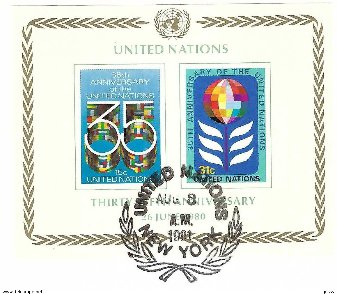 NATIONS UNIES New York Ca.1981: Encart "35ème Anniversaire Des Nations Unies" Obl. - Blokken & Velletjes