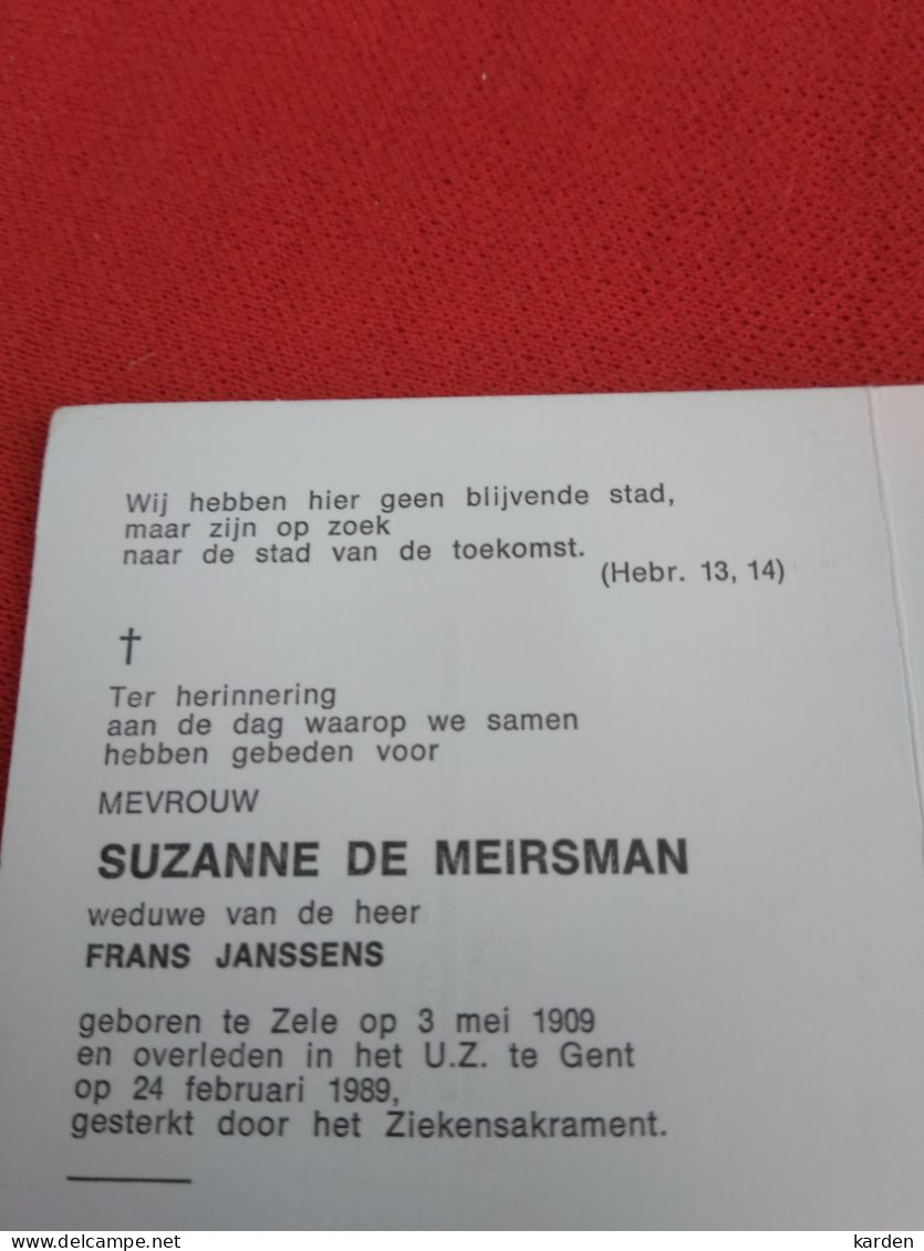 Doodsprentje Suzanne De Meirsman / Zele 3/5/1909 Gent 24/2/1989 ( Frans Janssens ) - Religion & Esotérisme