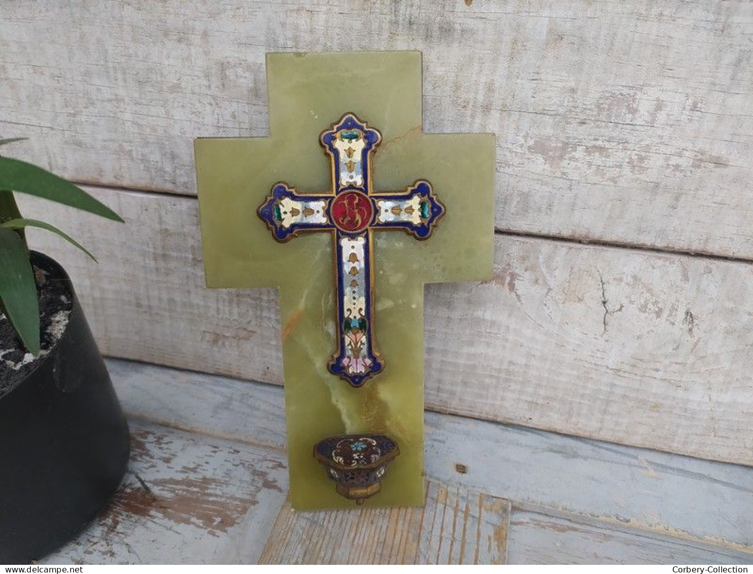 Ancien Crucifix Bénitier Onyx Émail Cloisonné Napoléon III - Religiöse Kunst