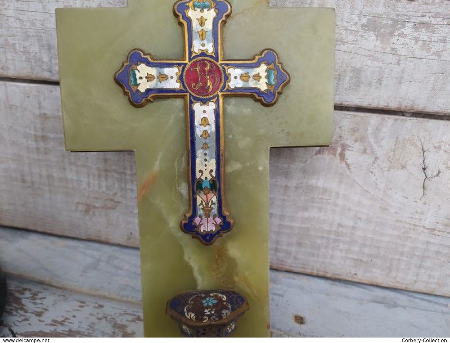 Ancien Crucifix Bénitier Onyx Émail Cloisonné Napoléon III - Religiöse Kunst