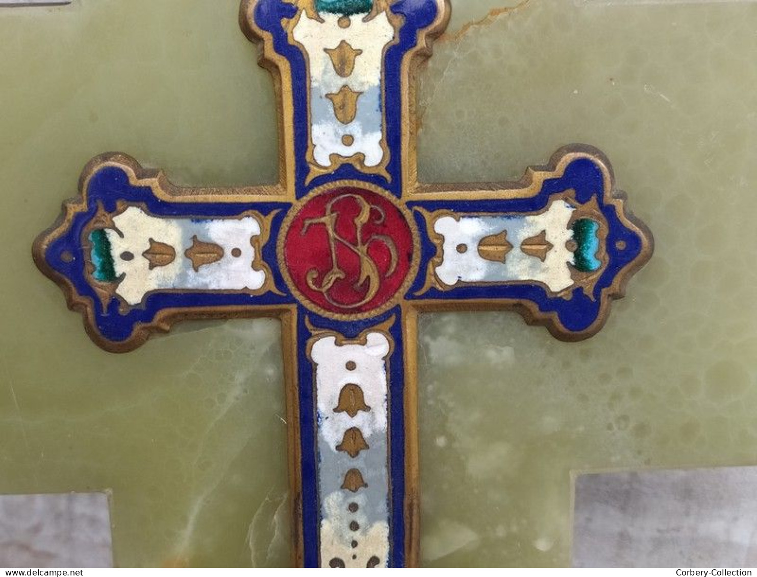 Ancien Crucifix Bénitier Onyx Émail Cloisonné Napoléon III