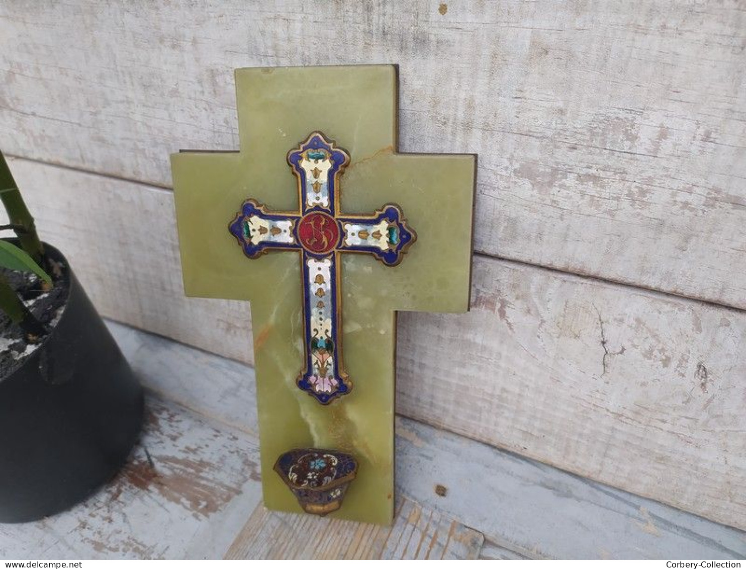 Ancien Crucifix Bénitier Onyx Émail Cloisonné Napoléon III