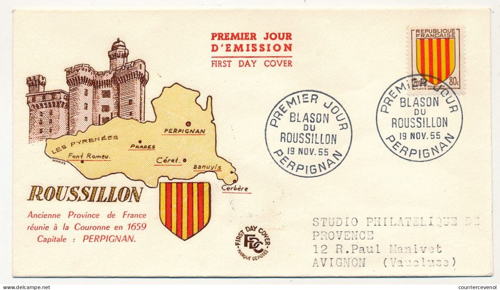 FRANCE - Env. FDC 80c Blason Du Roussillon - Perpignan - 19 Nov 1955 - 1950-1959