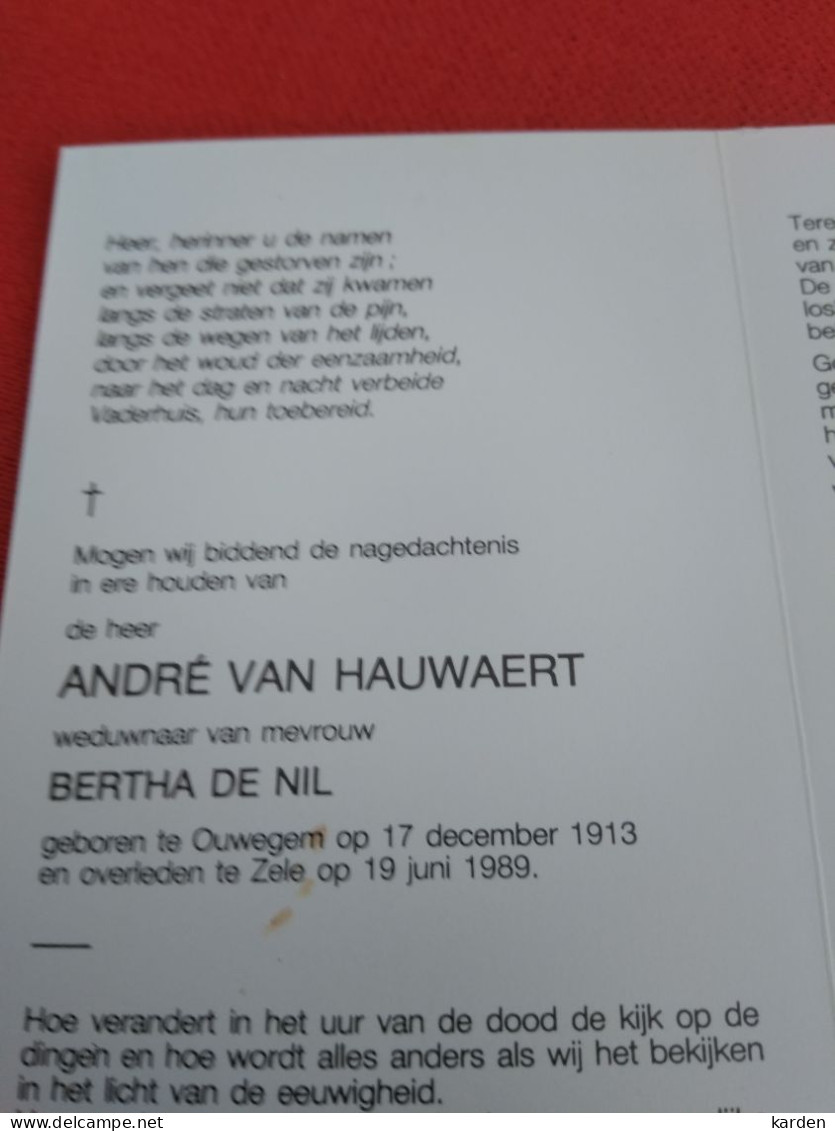 Doodsprentje André Van Hauwaert / Ouwegem 17/12/1913 Zele 19/6/1989 ( Bertha De Nil ) - Religion & Esotérisme