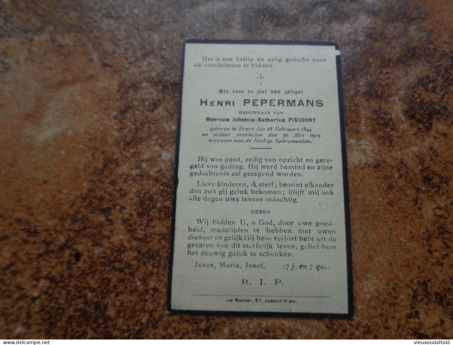 Doodsprentje/Bidprentje  HENRI PEPERMANS   Evere 1844-1919  (Wdr Johanna Katharina PISSOORT) - Religion & Esotérisme