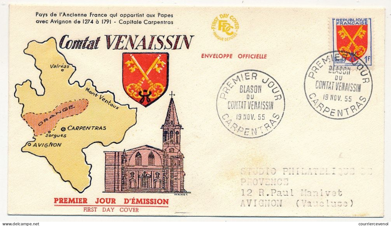 FRANCE - Env. FDC 1F Blason Du Comtat Venaissin - Carpentras - 19 Nov 1955 - 1950-1959