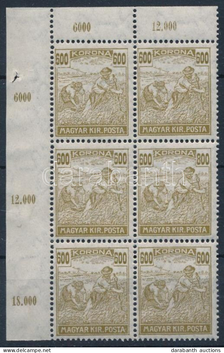 ** 1924 Arató-Parlament 600K ívsarki Hatostömb, Benne "600/800K"tévnyomat / Mi 395 Corner Block Of 6 Including Error "80 - Otros & Sin Clasificación