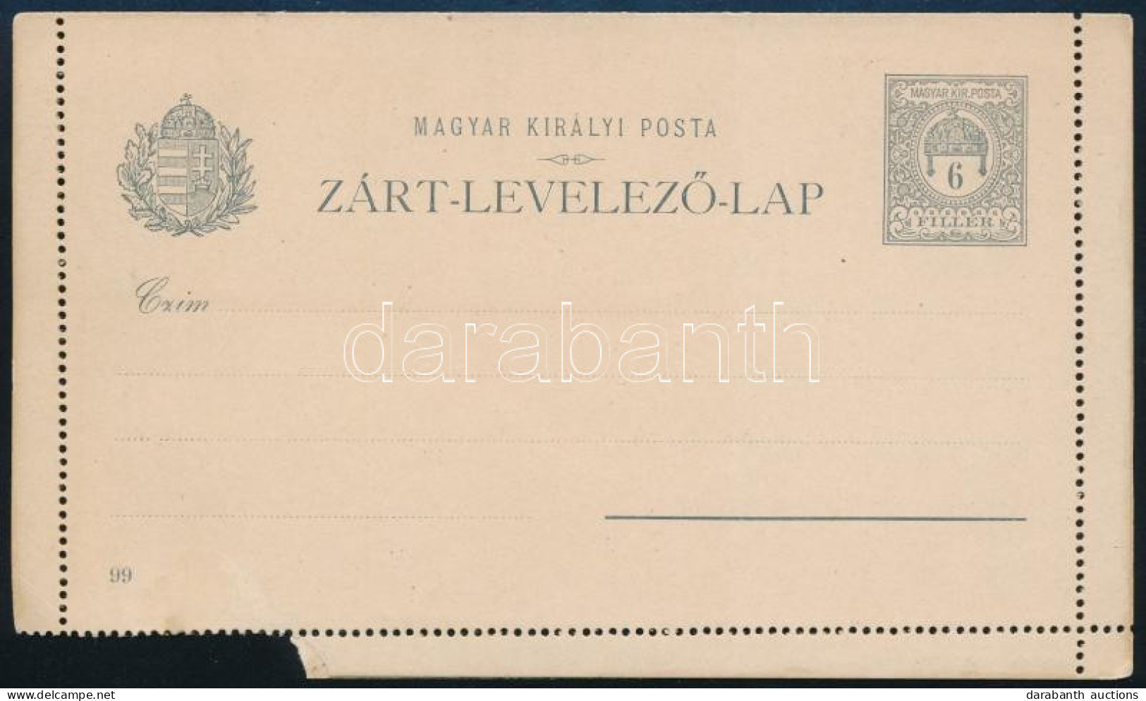 1899 6f Díjjegyes Zárt Levelezőlap Esszé, Alul Hiányos Perforált Szél - Other & Unclassified