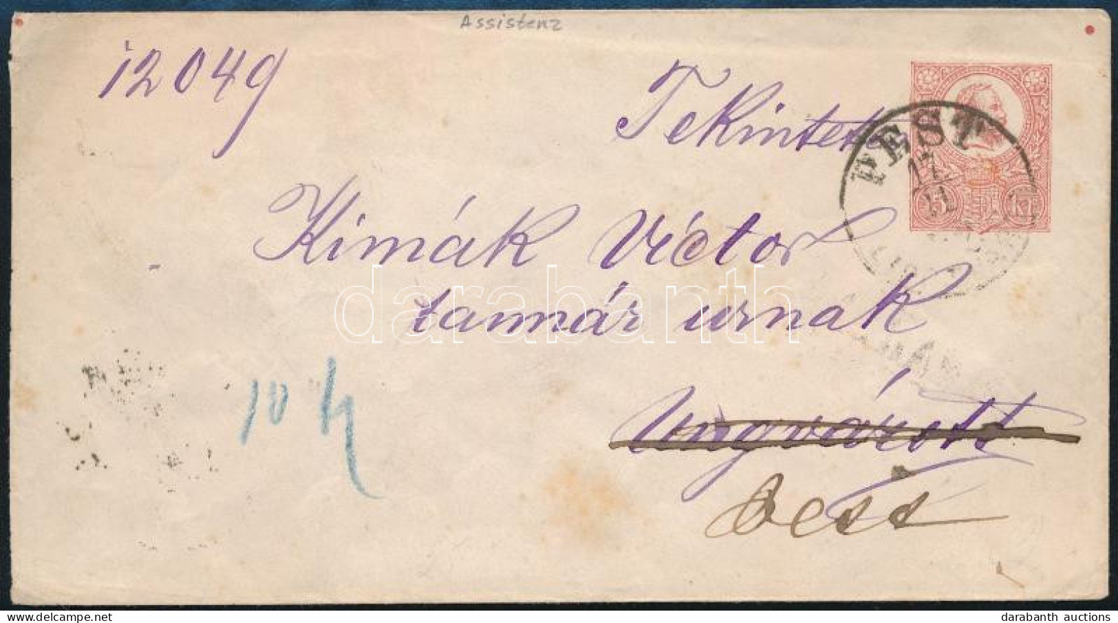 1872 5kr Díjjegyes Boríték "PEST / LIPÓTVÁROS"- "UNGVÁR", Majd Visszaküldve Pestre, Hátoldali " ASSISTENZ" Bélyegzéssel  - Other & Unclassified