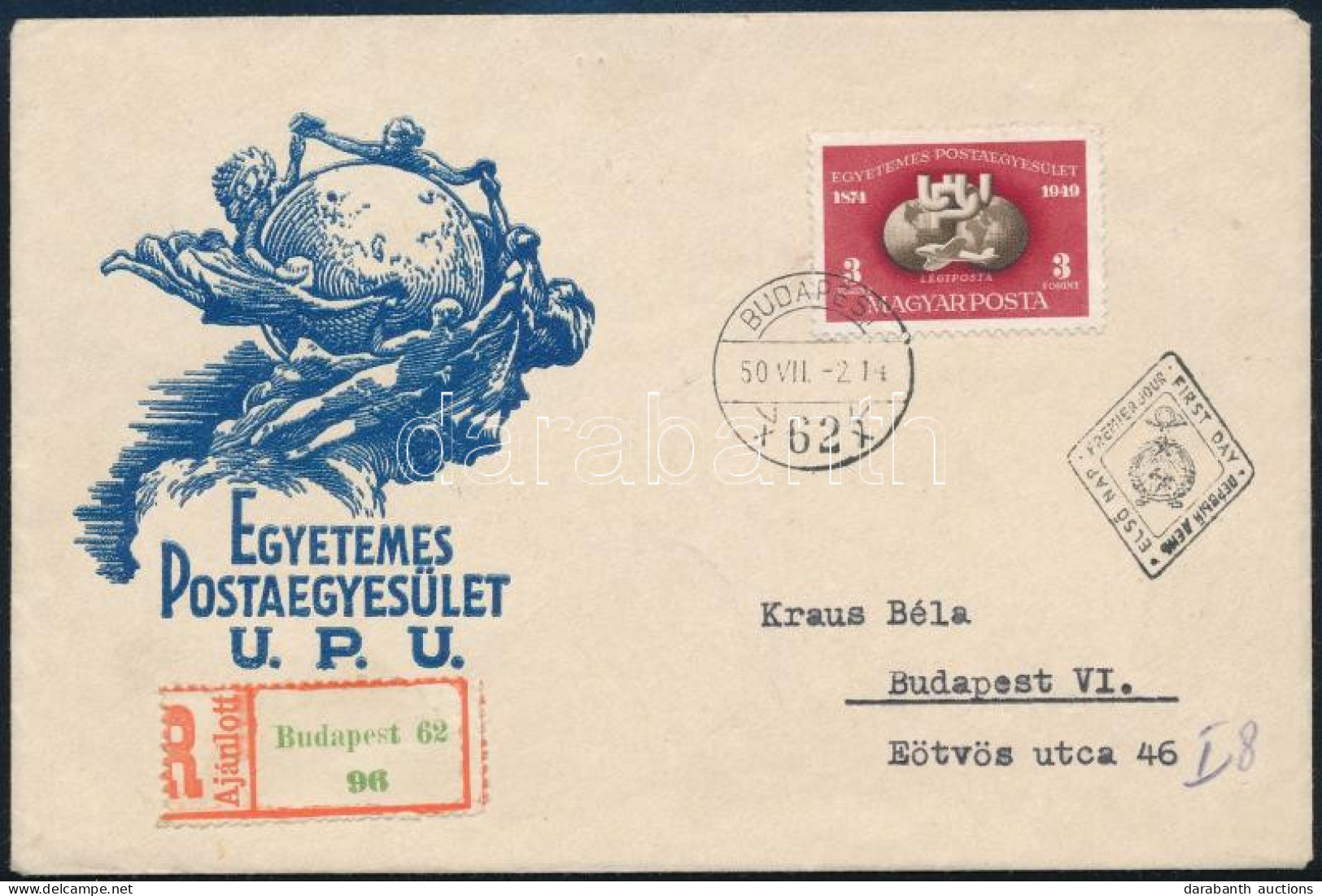 1950 UPU Blokkból Kitépett Bélyeg Első Napi Ajánlott Helyi Levélen / Mi 1111 On Registered Local FDC - Autres & Non Classés