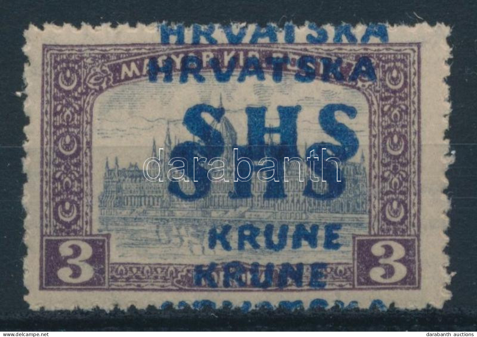 ** SHS 1918 Parlament 3K Kettős Felülnyomással. Signed: Bodor. Certificate: Zrinjscak - Altri & Non Classificati