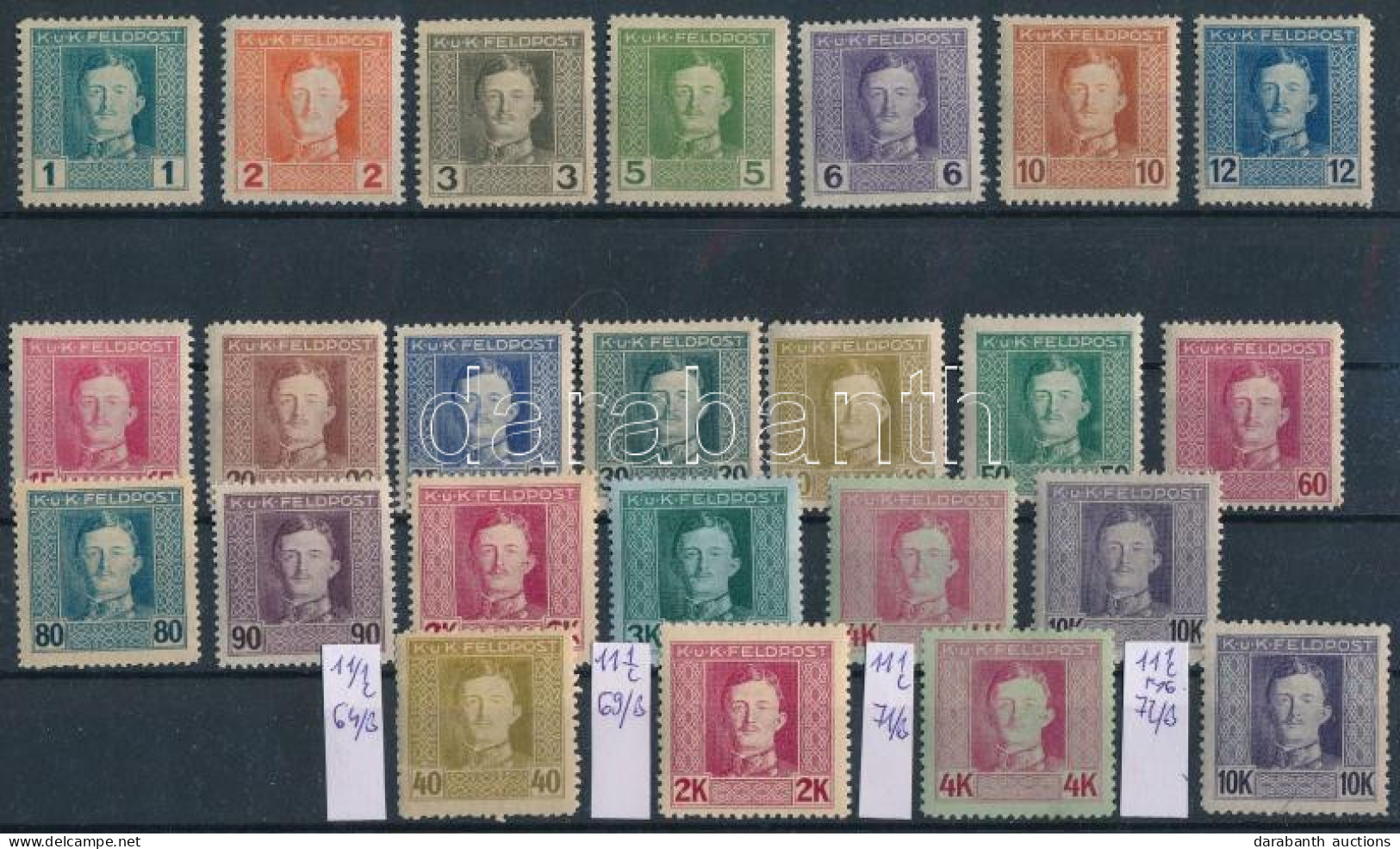 **, (*), * K.u.K. Feldpost 1917 IV. Károly Teljes Forgalmi Sor + A Sorból 4 Db Bélyeg Ritka 11 1/2 Fogazással (**82.400) - Otros & Sin Clasificación