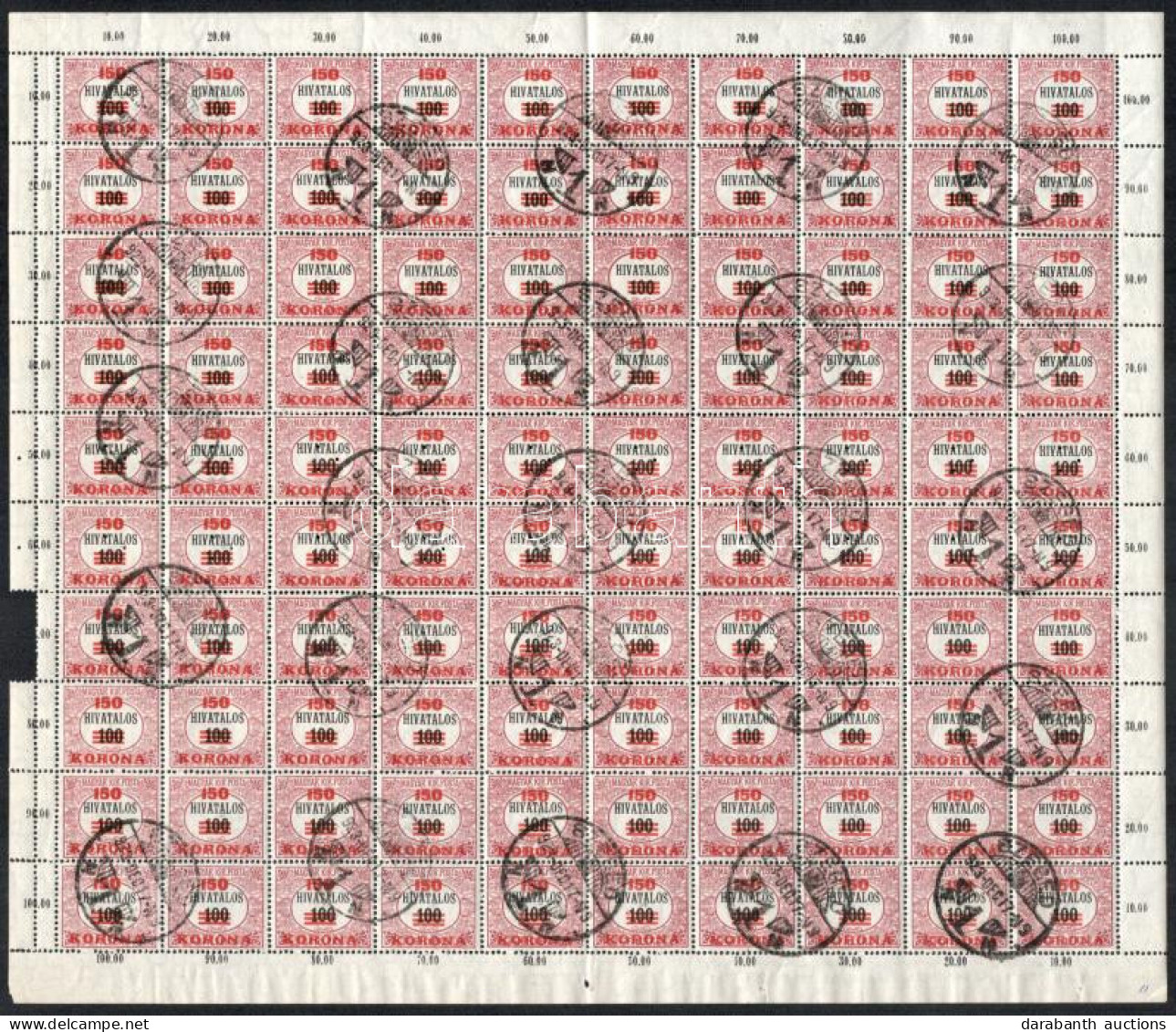 O 1921 Hivatalos 150K/100f Hajtott Teljes ívben, Benne 20 Bélyeg Hármas Lyukasztással (22.000) (fogelválások / Apaprted  - Sonstige & Ohne Zuordnung
