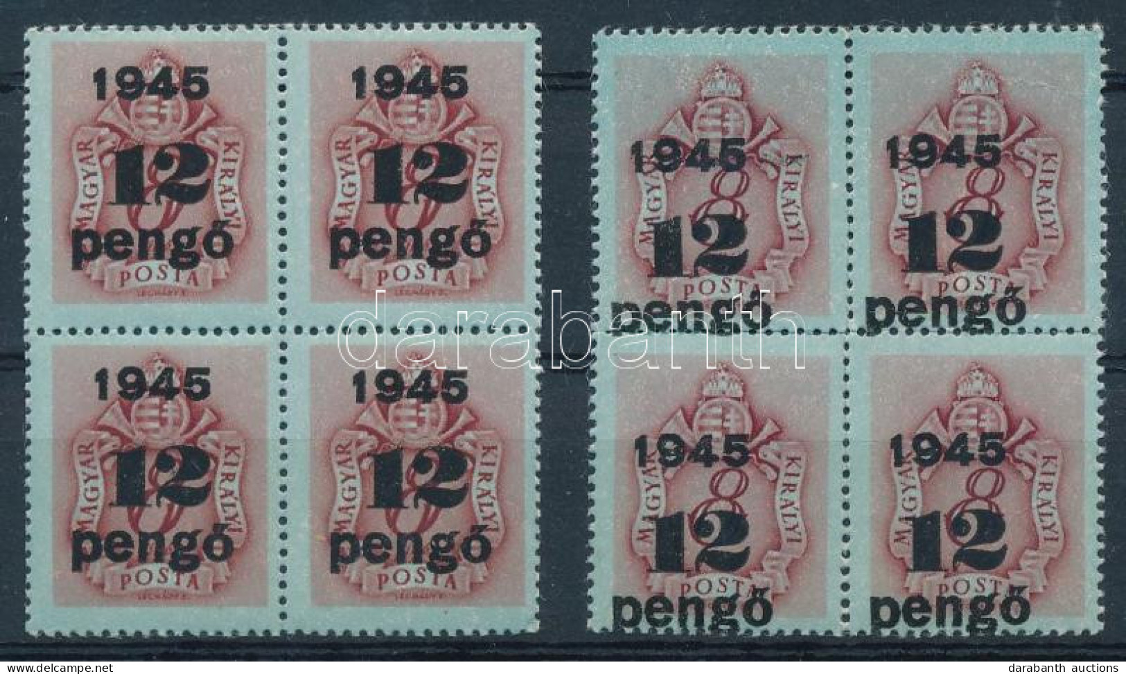 ** 1945 Kisegítő Portó 12P Négyestömb Lényeges Felülnyomat Eltolódással + Négyestömb Támpéldány - Otros & Sin Clasificación