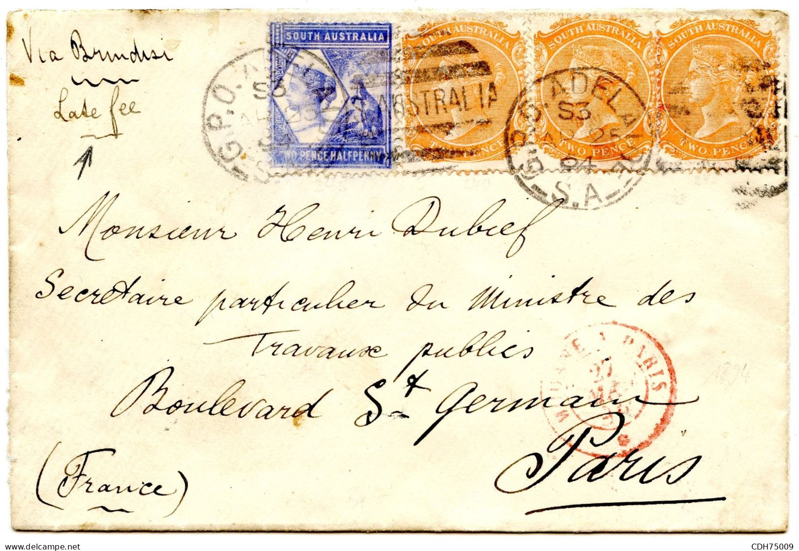 AUSTRALIE - LATE FEE SUR LETTRE D'ADELAIDE POUR PARIS, 1894 - Briefe U. Dokumente