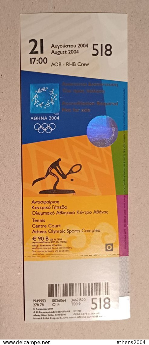 Athens 2004 Olympic Games - Tennis Unused Ticket, Code: 518 - Apparel, Souvenirs & Other