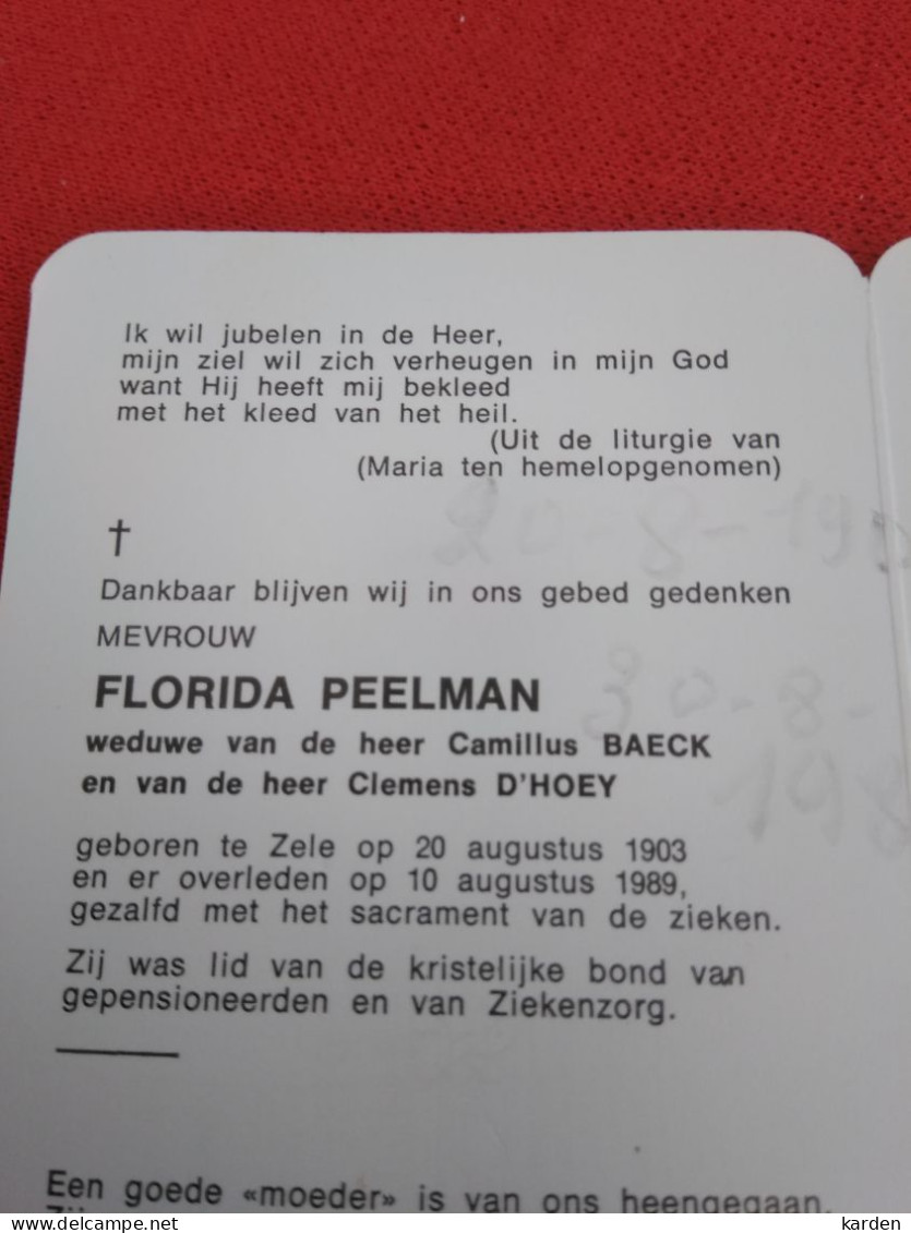Doodsprentje Florida Peelman / Zele 20/8/1903 - 10/8/1989 ( Cammilus Baeck / Clemens D'Hoey ) - Religion & Esotérisme