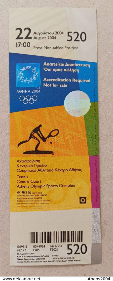 Athens 2004 Olympic Games - Tennis Unused Ticket, Code: 520 - Bekleidung, Souvenirs Und Sonstige