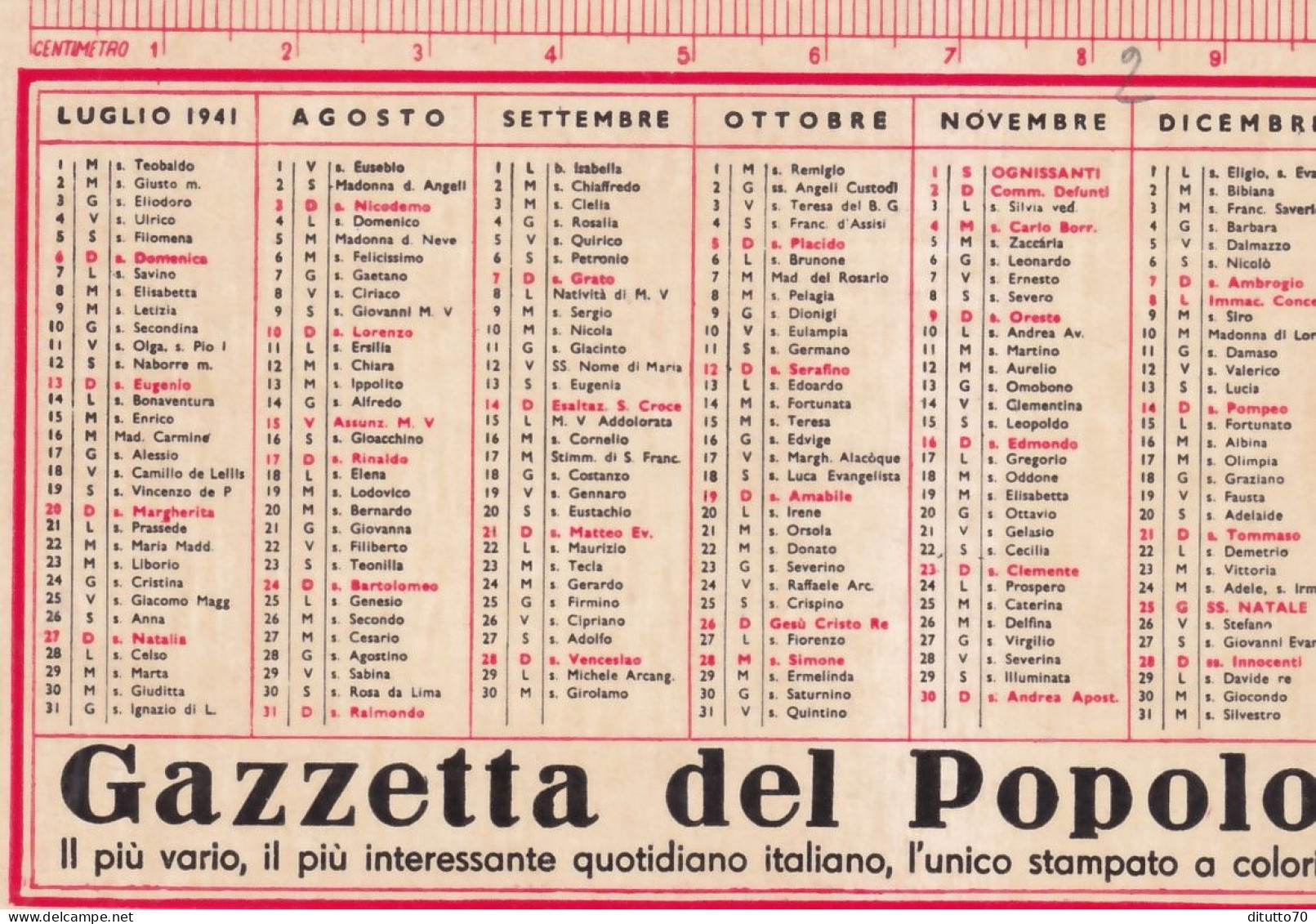 Calendarietto - Gazzetta Del Popolo - Anno 1941 - Petit Format : 1941-60