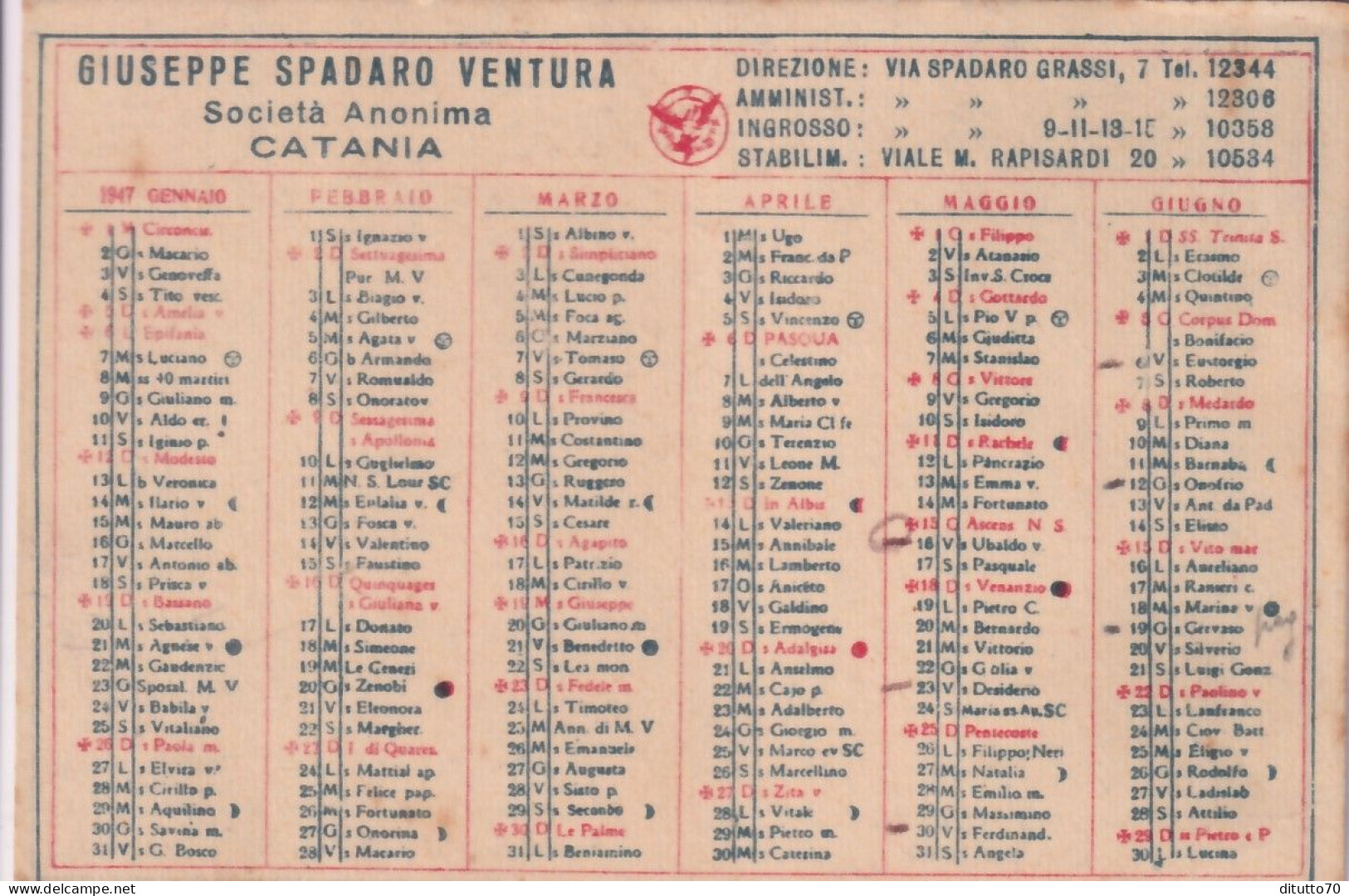 Calendarietto - Giuseppe Spadaro Ventura  Catania - Anno 1947 - Petit Format : 1941-60