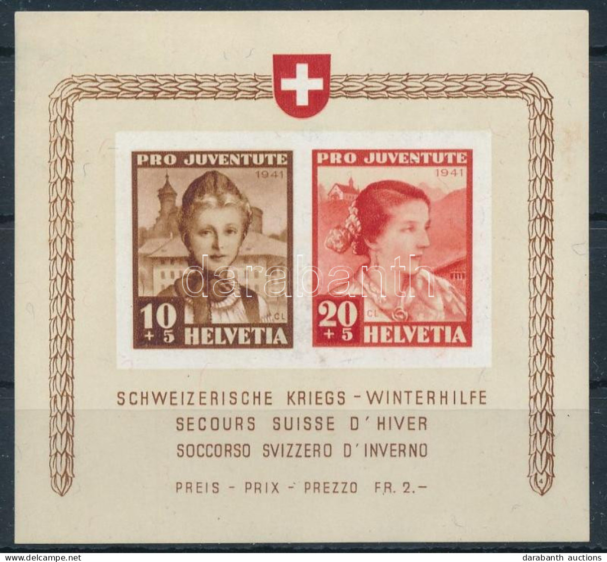 ** Svájc 1941 Pro Juventute Blokk Mi 6 (Mi EUR 110.-) (pici Ránc / Small Crease, Gumi Hiba / Gum Disturbance) - Otros & Sin Clasificación