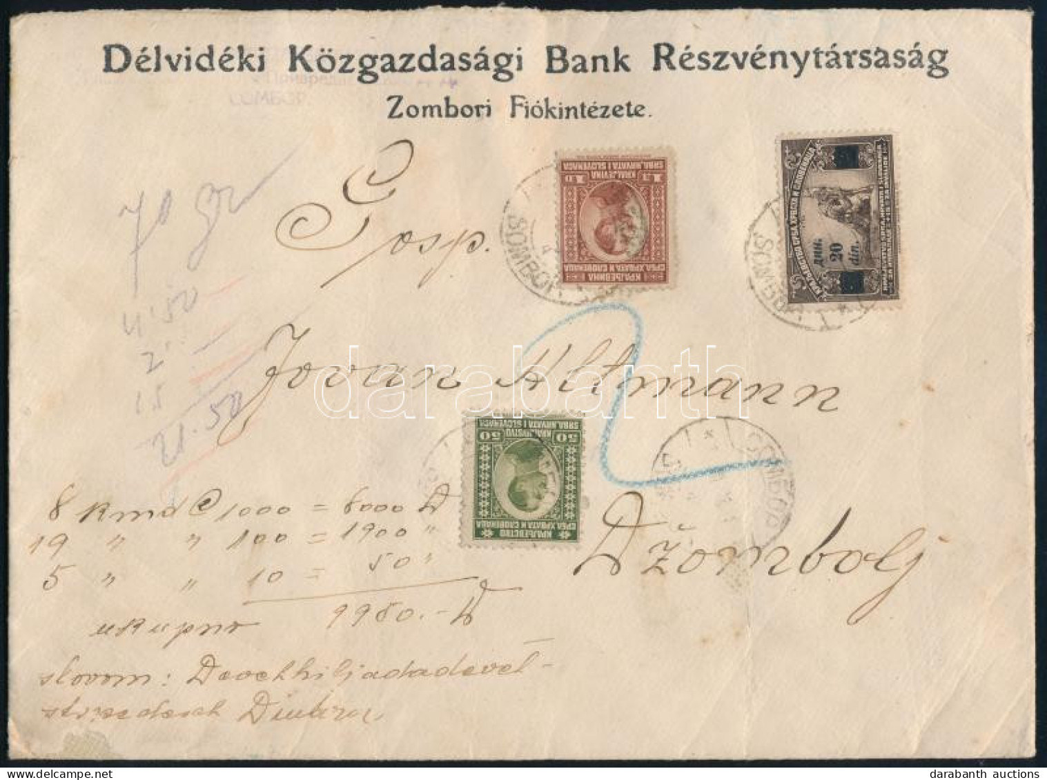 ~1920 Délvidéki Közgazdasági Bank Részvénytársaság Zombori Fiókintézete Levél Jugoszláv Bélyegekkel Bérmentesítve "SOMBO - Autres & Non Classés