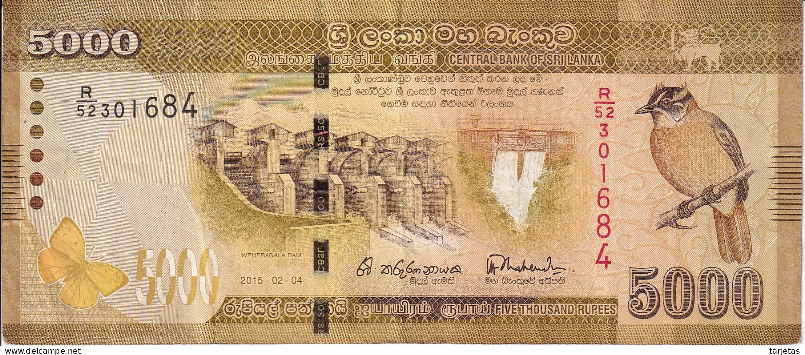 BILLETE DE SRY LANKA DE 5000 RUPEES DEL AÑO 2015  (BANKNOTE) PAJARO-BIRD - Sri Lanka