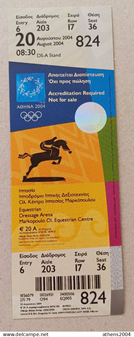 Athens 2004 Olympic Games - Equestrian Unused Ticket, Code: 824 - Apparel, Souvenirs & Other