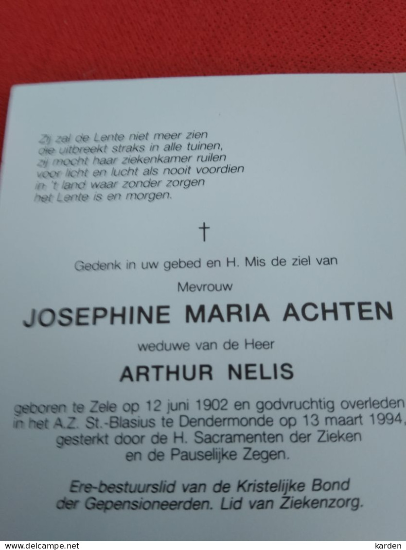 Doodsprentje Josephina Maria Achten / Zele 12/6/1902 Dendermonde 13/3/1994 ( Arthur Nelis ) - Religion & Esotérisme