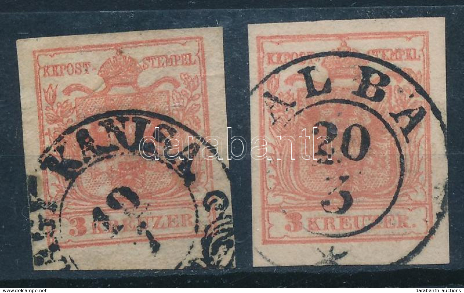 O 1850 2 Db 3kr "NAGY KANISA"(papírránc / Paper Crease), "ALBA" A KREUZER "R" Betűjében Törés - Otros & Sin Clasificación