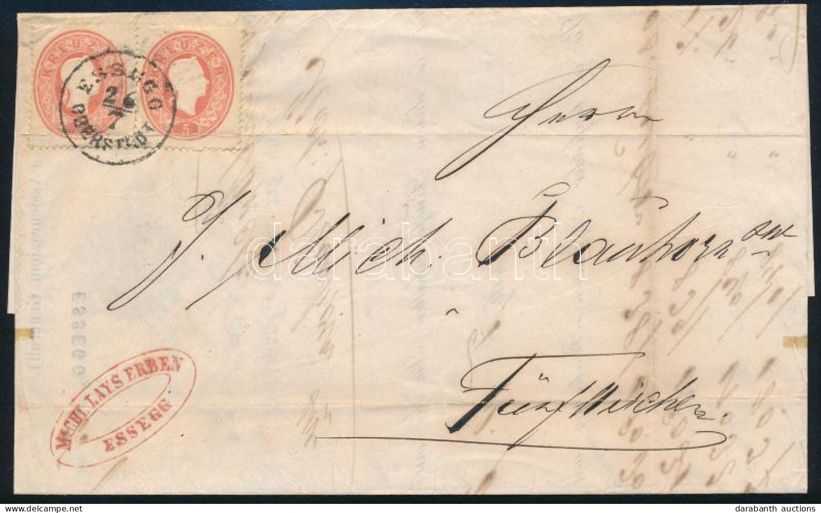 1863 2 X 5kr Levélen (hajtottak) / On Cover (folded) "ESSEGG / OBERSTADT" - Fünfkirchen - Autres & Non Classés