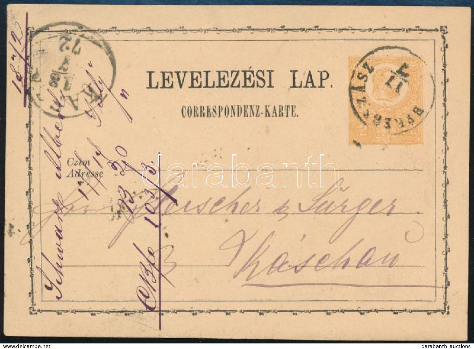 1872 2kr Díjjegyes Levelezőlap "BEREGSZÁSZ" - Kascau - Autres & Non Classés