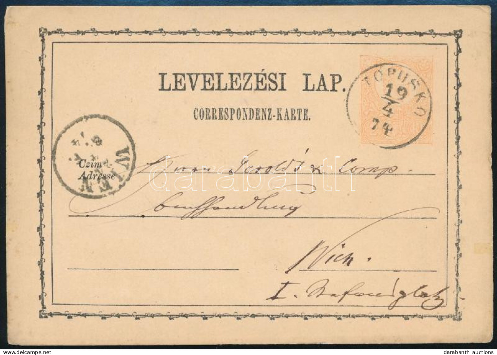 1874 2kr Díjjegyes Levelezőlap "TOPUSKO" - Wien - Other & Unclassified